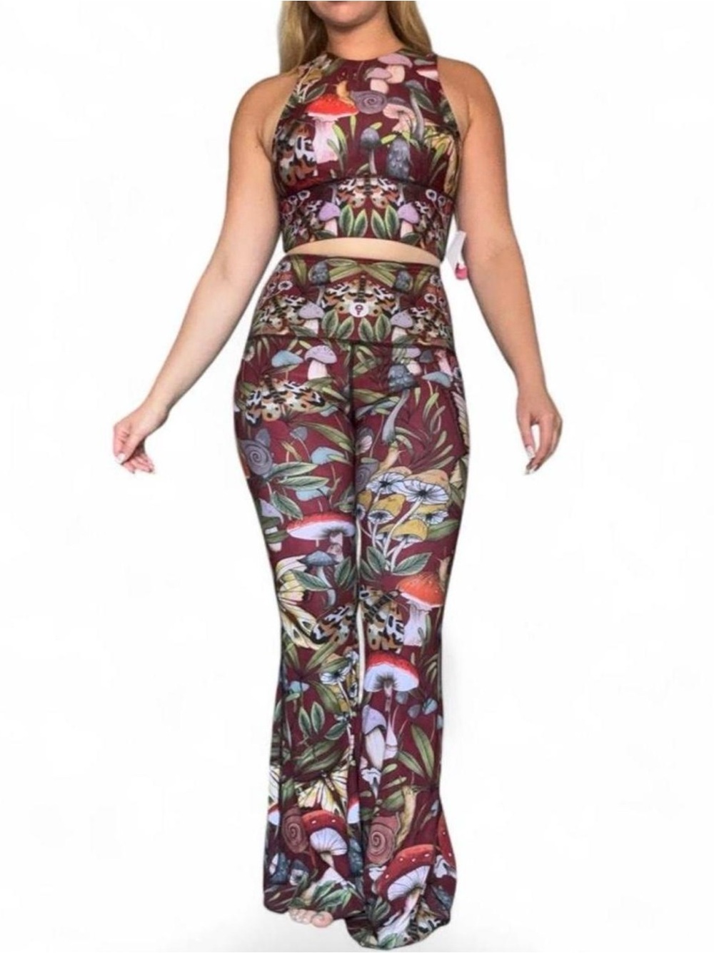 Yoga Democracy Mushroom Print Crop Top and Bellbottom Pants Set, Size S/M